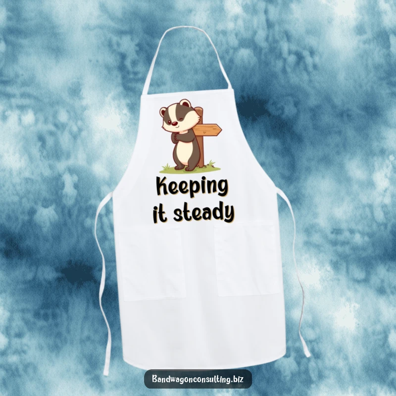 Funny apron featuring a smiling badger character diligently pushing a leaning signpost upright, ready for kitchen duty.