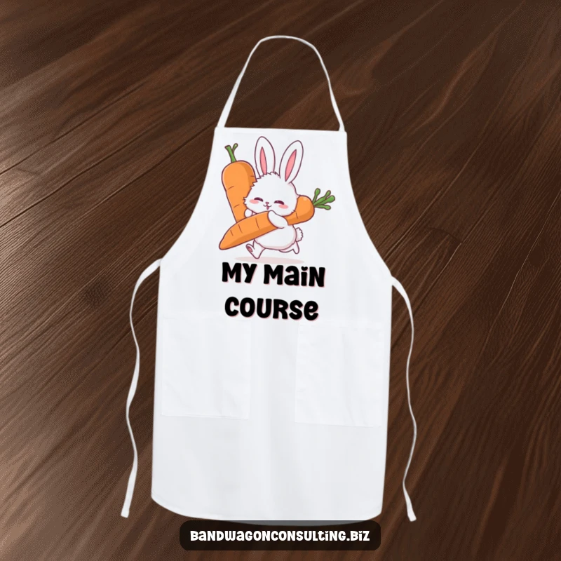 Funny apron featuring a fluffy rabbit character straining to push a large carrot, ready for kitchen duty.