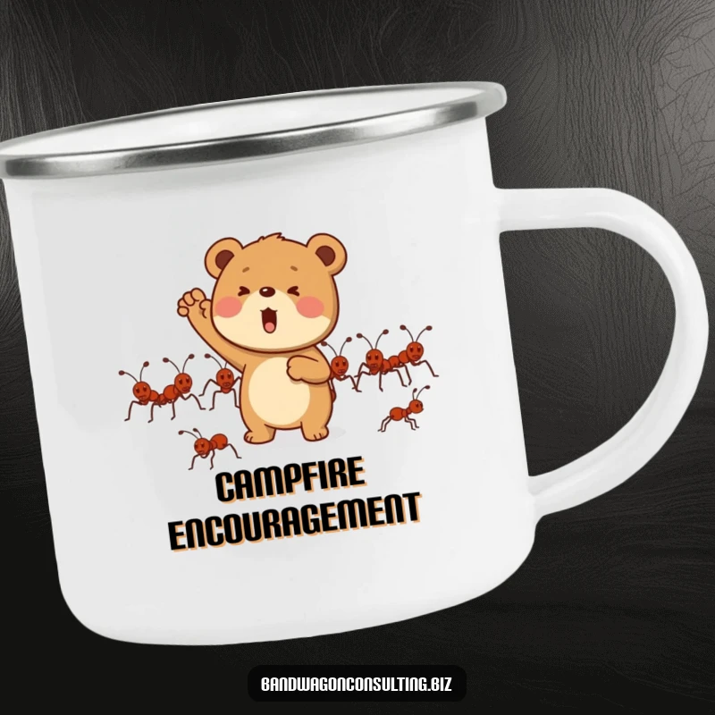 Funny camping mug showing a determined bear cub enthusiastically cheering for a line of marching ants.