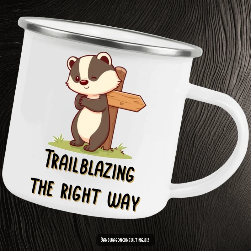 Funny camping mug showing a smiling badger character pushing a leaning signpost upright, perfect for outdoor use.