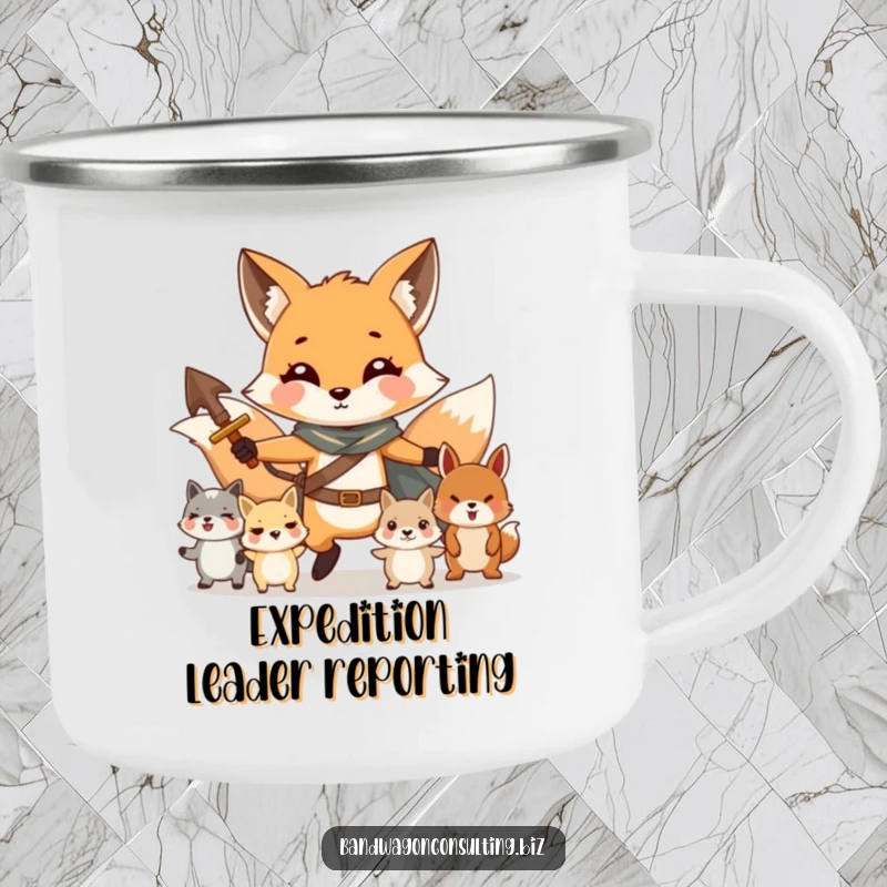 Funny camping mug showing a charming fox character leading a group of smaller animals, perfect for outdoor use.