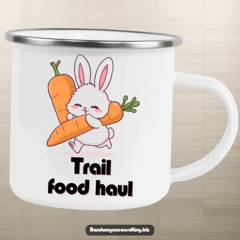 Funny camping mug featuring a fluffy rabbit character straining to push a huge carrot, perfect for outdoor use.