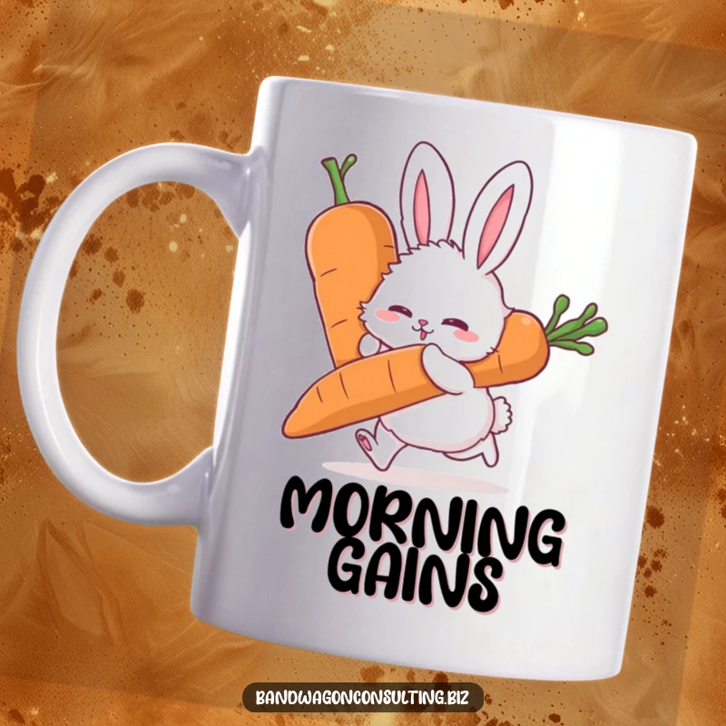 Funny mug showing a fluffy rabbit straining to push a very large carrot with all its might.