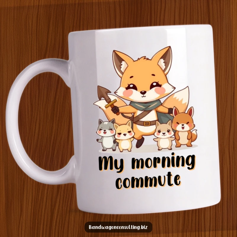 Funny mug showing a charming fox character bravely leading a group of smaller, admiring animals.