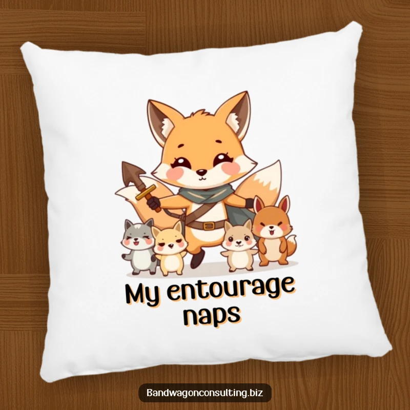Funny pillow with a charming fox character leading a troupe of smaller, cute animals.