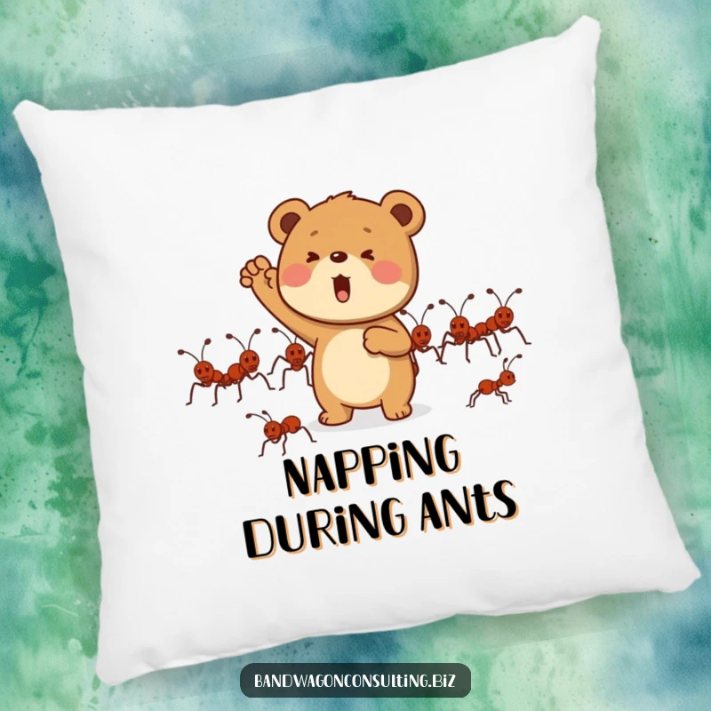 Funny pillow with a determined bear cub character cheering enthusiastically for a group of marching ants.