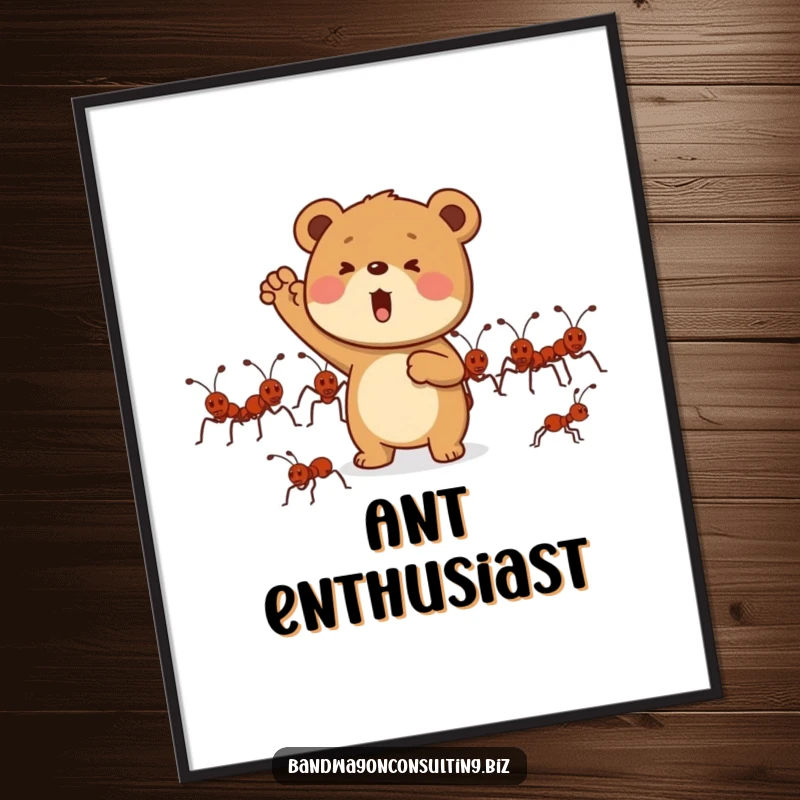 Funny digital art print of a determined bear cub character enthusiastically cheering for a group of marching ants.