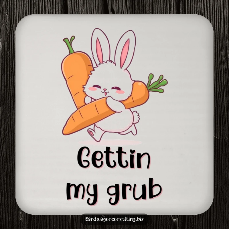 Funny drink coaster with a fluffy rabbit character intensely pushing a giant carrot.