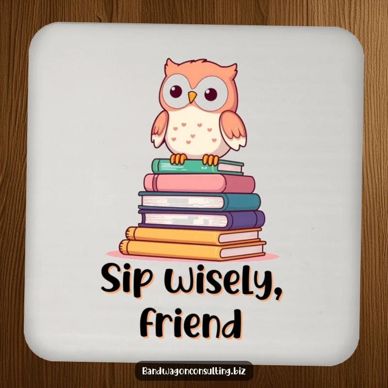 Funny drink coaster with a cute owl character perched atop a wobbly stack of books.