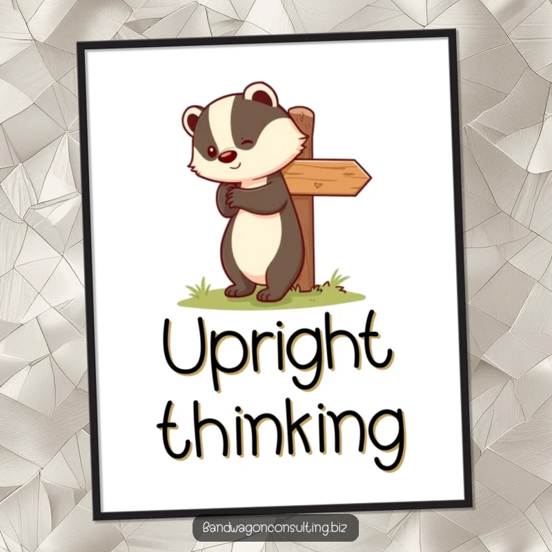 Funny poster art of a cute badger character smiling while nudging a tilted signpost back to a vertical position.
