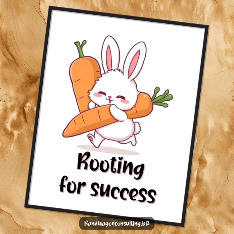 Funny poster art of a fluffy rabbit character pushing a huge carrot with extreme effort and determination.