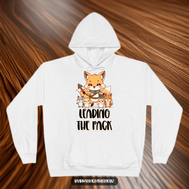 Funny hoodie with a charming fox character confidently leading a group of cute, smaller animals.