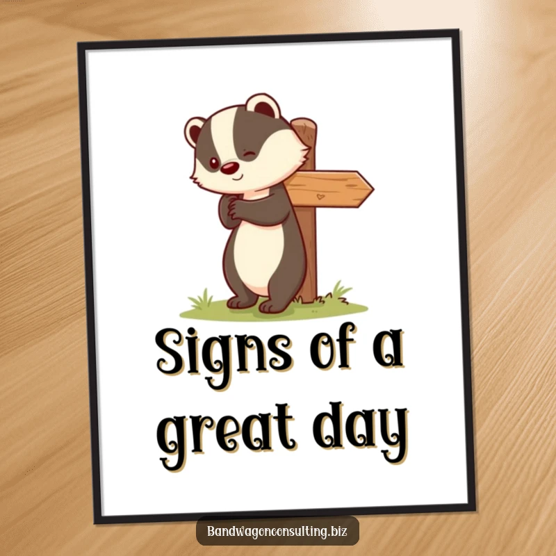 Funny Free Printable Wall Art: Cute badger smiling, nudging a leaning signpost upright, adding quirky charm.