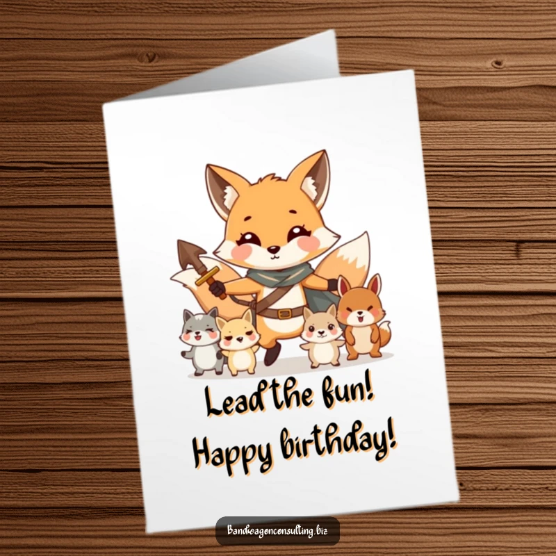 Funny Free Printable Birthday Card: Charming fox bravely leading smaller animals, a birthday adventure awaits.