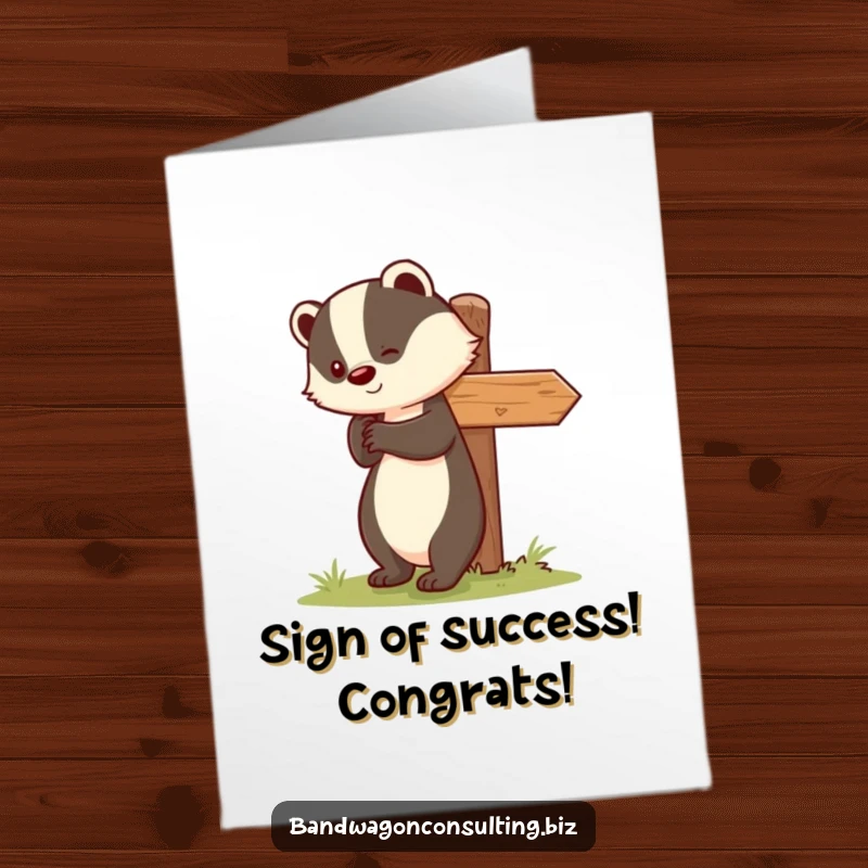 Funny Free Printable Congratulations Card: Adorable badger smiling, nudging a signpost upright, offering cheers.