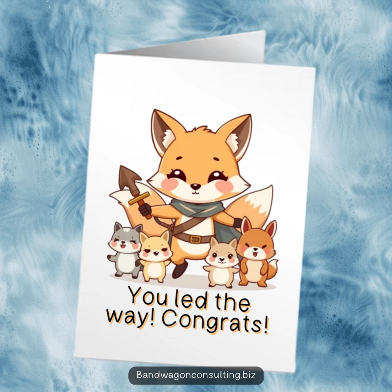 Funny Free Printable Congratulations Card: Charming fox leading a group of animals, celebrating a triumphant journey.