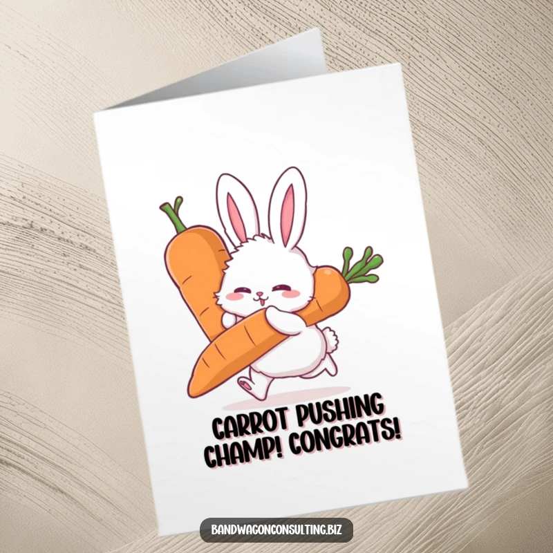 Funny Free Printable Congratulations Card: Fluffy rabbit straining to push a huge carrot, celebrating success.