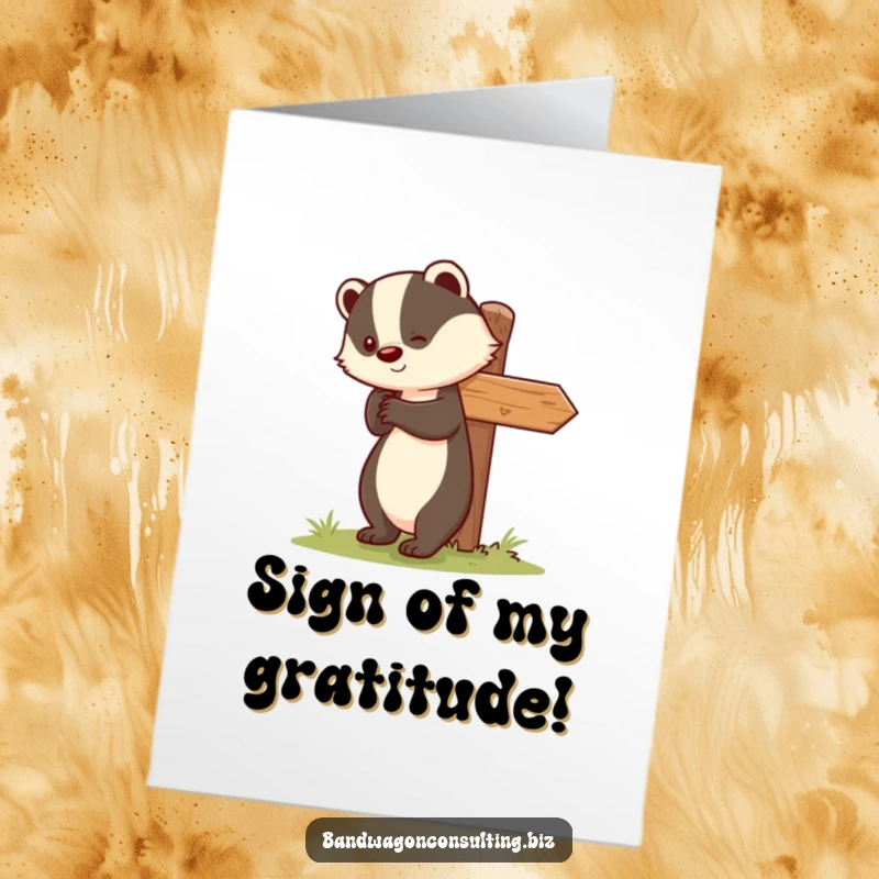 Funny Free Printable Thank You Card: Cute badger smiling, righting a leaning signpost, a heartfelt thanks.