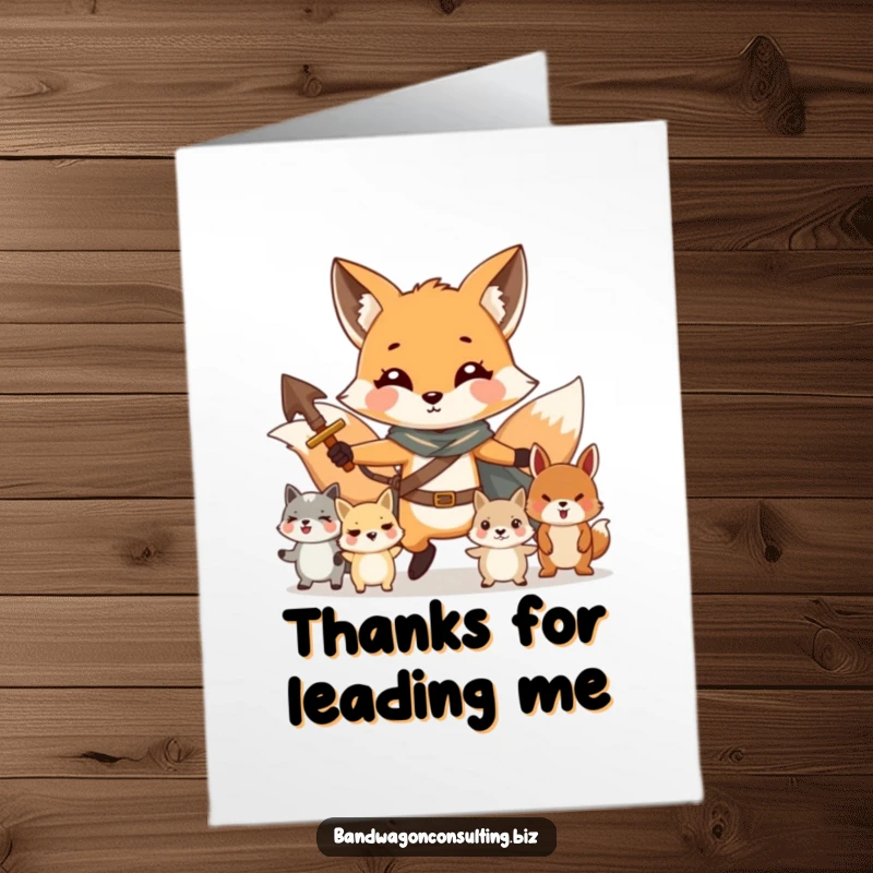 Funny Free Printable Thank You Card: Charming fox leading animals, expressing sincere gratitude with a smile.