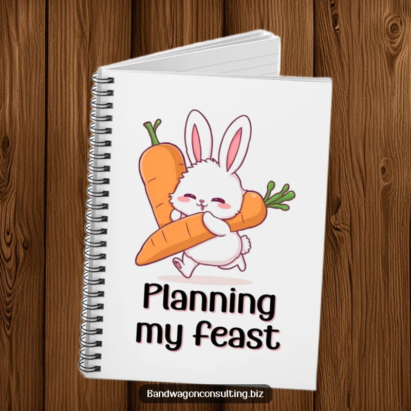 Funny notebook with a fluffy rabbit character pushing a giant carrot with all its might.