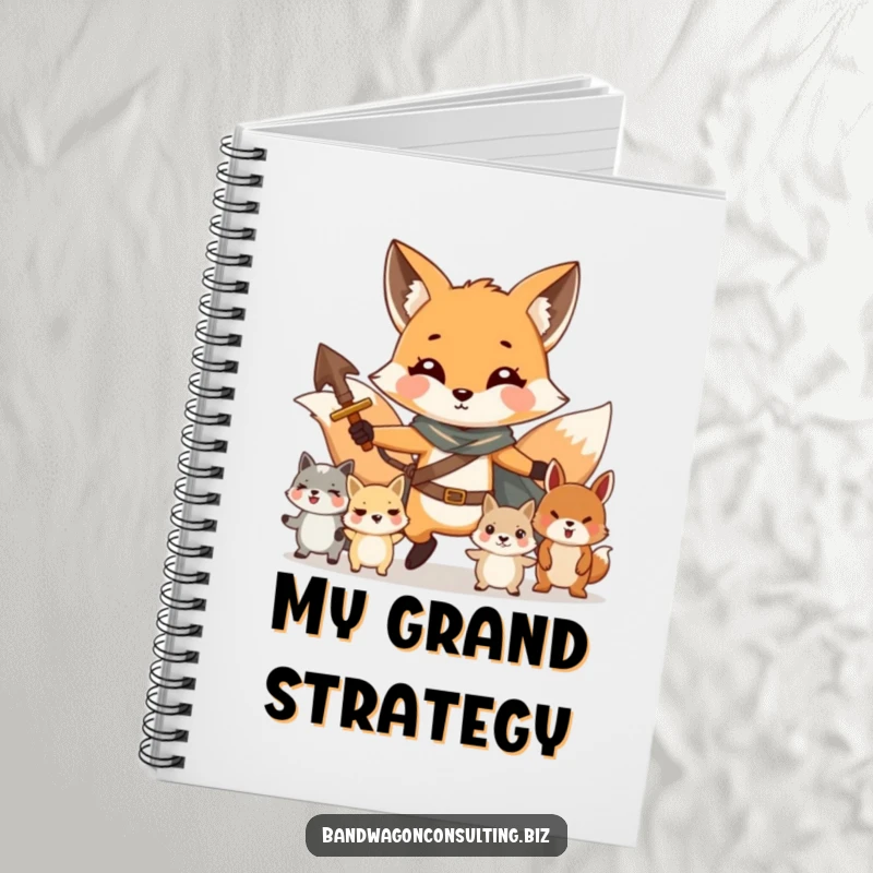 Funny notebook with a charming fox character bravely leading a troupe of smaller animals.