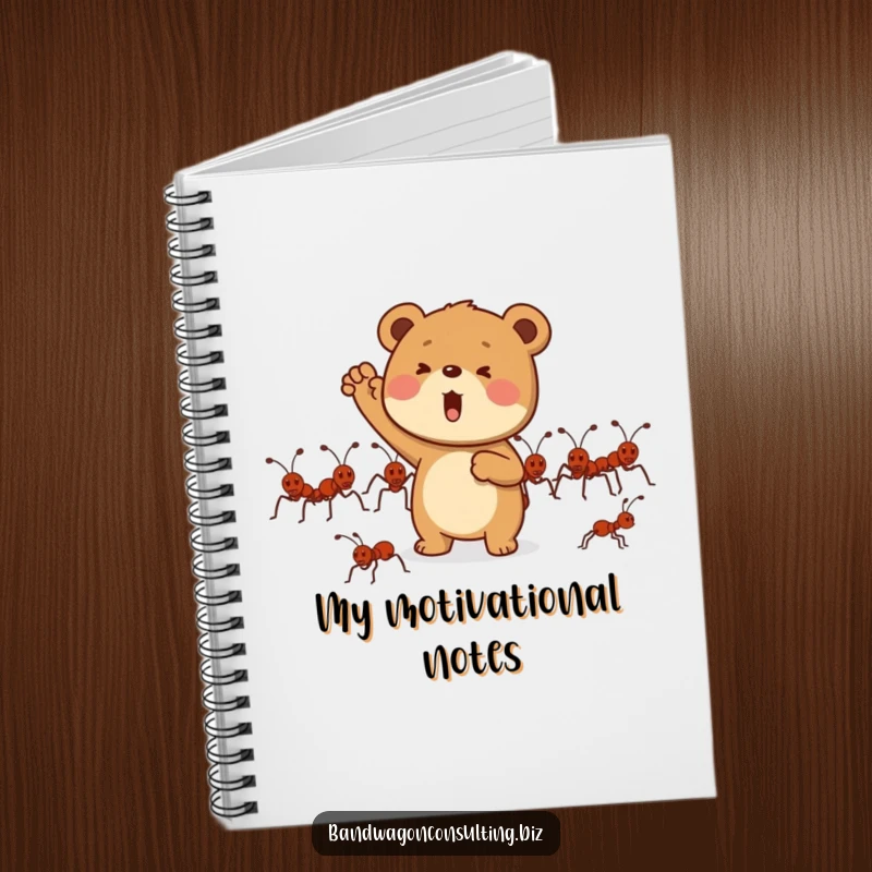 Funny notebook with a determined bear cub character enthusiastically cheering for a group of marching ants.