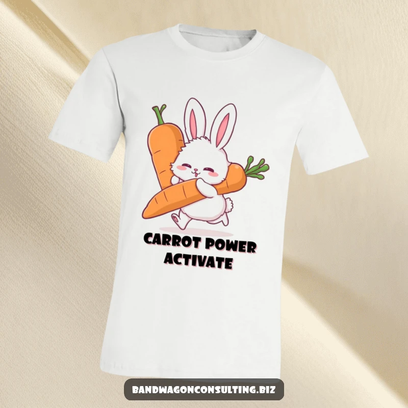 Funny t-shirt displaying a fluffy rabbit character exerting maximum effort to push an oversized carrot forward.