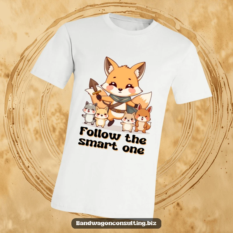 Funny t-shirt depicting a charming fox leading a small troupe of various adorable animals with confidence.